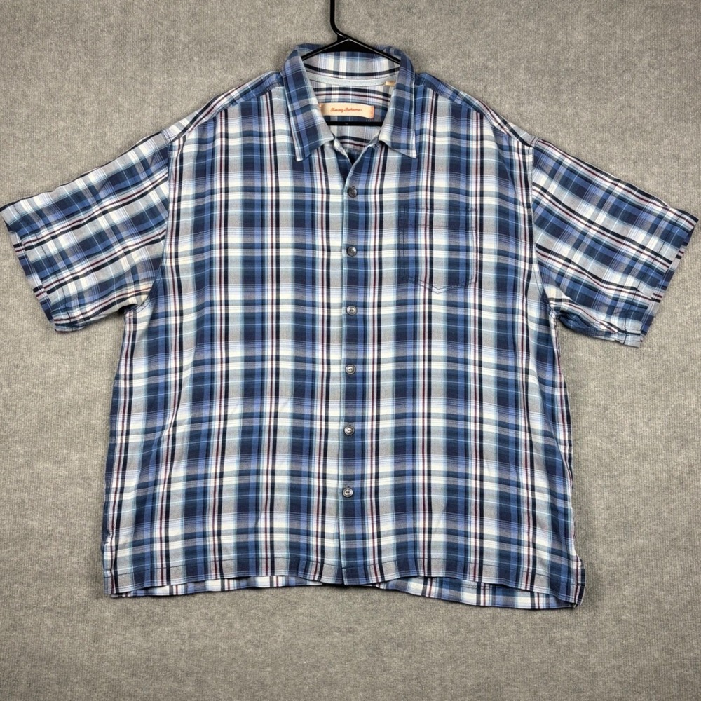 Tommy Bahama Plaid Short Sleeve Button Down Silk Shirt XXL Blue White